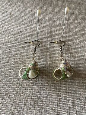 Vintage Cayman Islands Handmade Green Turban Shell Dangle Earrings Coastal Boho